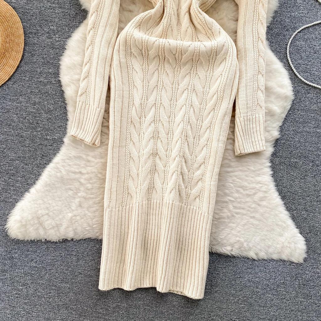 Pull mi-long pour femme, jupe de Base, rétro, fleur torsadée, coupe cintrée, tempérament, col en v, manches longues, robe tricotée, hiver