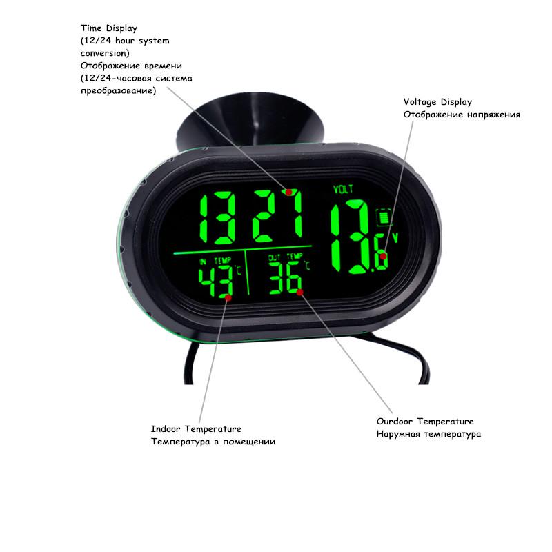Digital Car Thermometer Temperature Monitor Car Ornament Luminous Clock Voltmeter DC 12V-24V Time Date Dual Display Freeze Alert