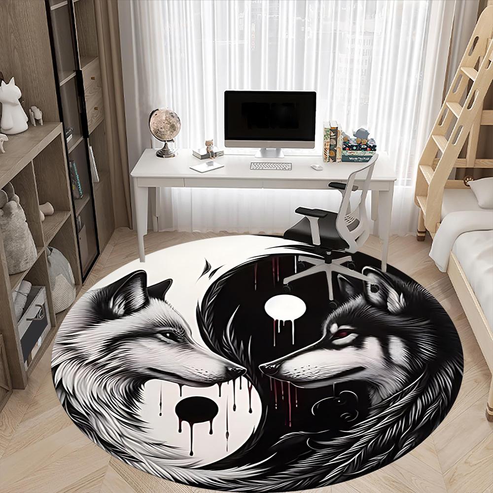 1pc Wolf YinYang Office Round Area Rug, Under Office Chairs Bedroom Living Room Home Decor, Room Deco