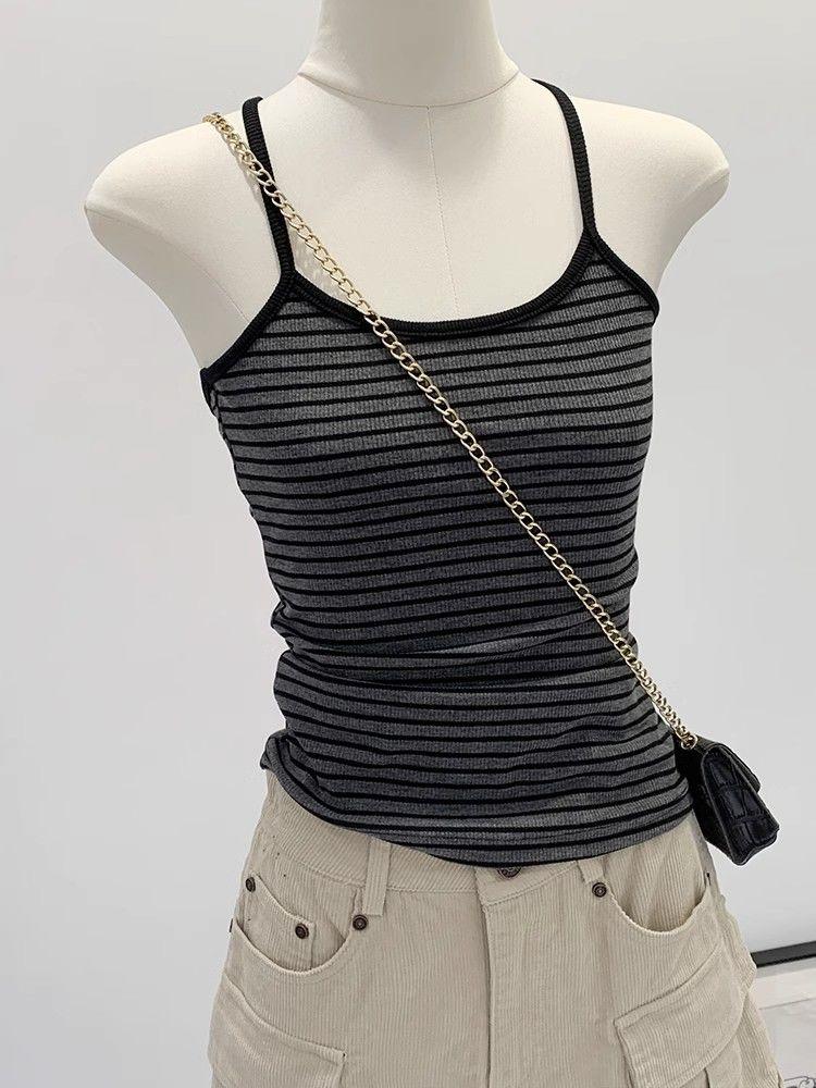 Y2k Striped Tank Top Women Backless Square Neck Crop Tops Going Out Sleeveless Spaghetti Strap Vest Vintage Camisole Streetwear