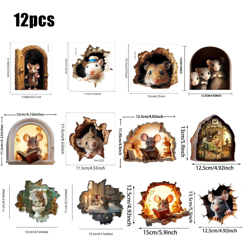 3D Mouse Reading Book in Mouse Hole, Decal Sticker, Removable Wall Decor, Book Lover Gift Idea, Baseboard, Wall Sticker Decal, Kids Room, Classroom