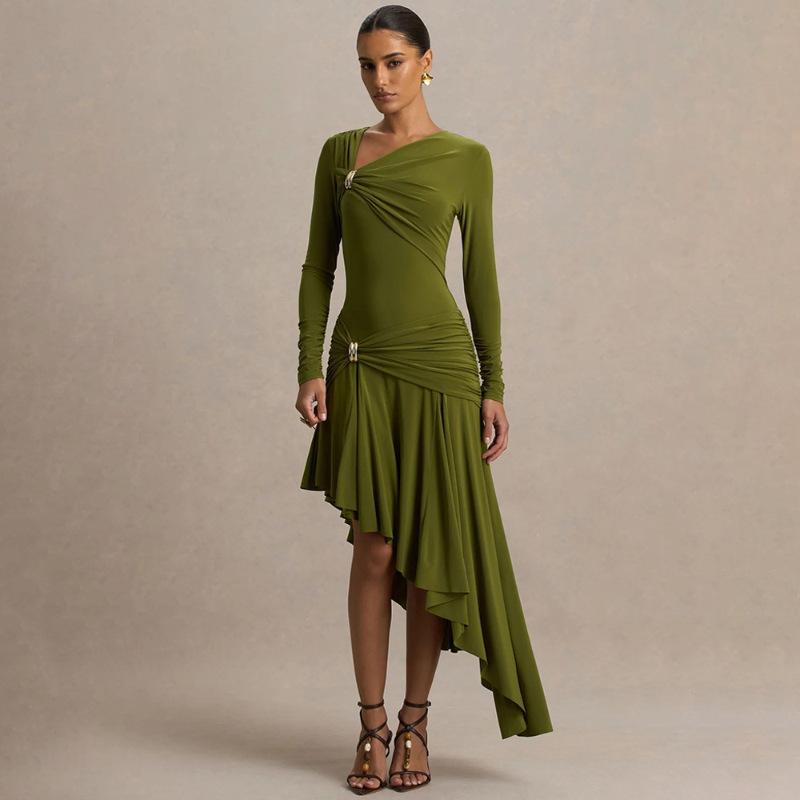 European and American style autumn new fashion temperament slim hip wrap sexy pleated irregular hip wrap dress S зелёный