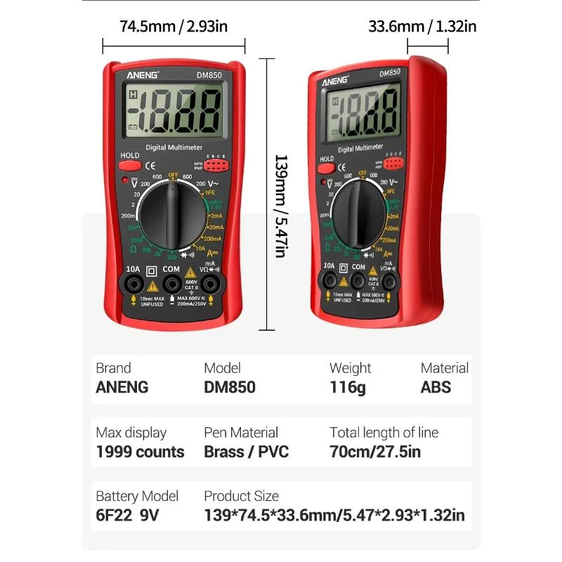 New High Precision ANENG DM850 Handheld Digital Multimeter Automatic 1999 Count AC/DC Current Voltage Buzzer Resistance Diode Electrician Tester Tools