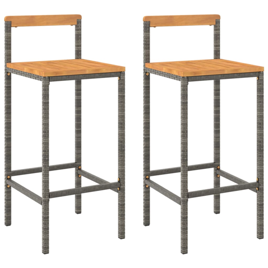 Bar Stool Set of 2 Grey Poly Rattan and Solid Acacia Wood