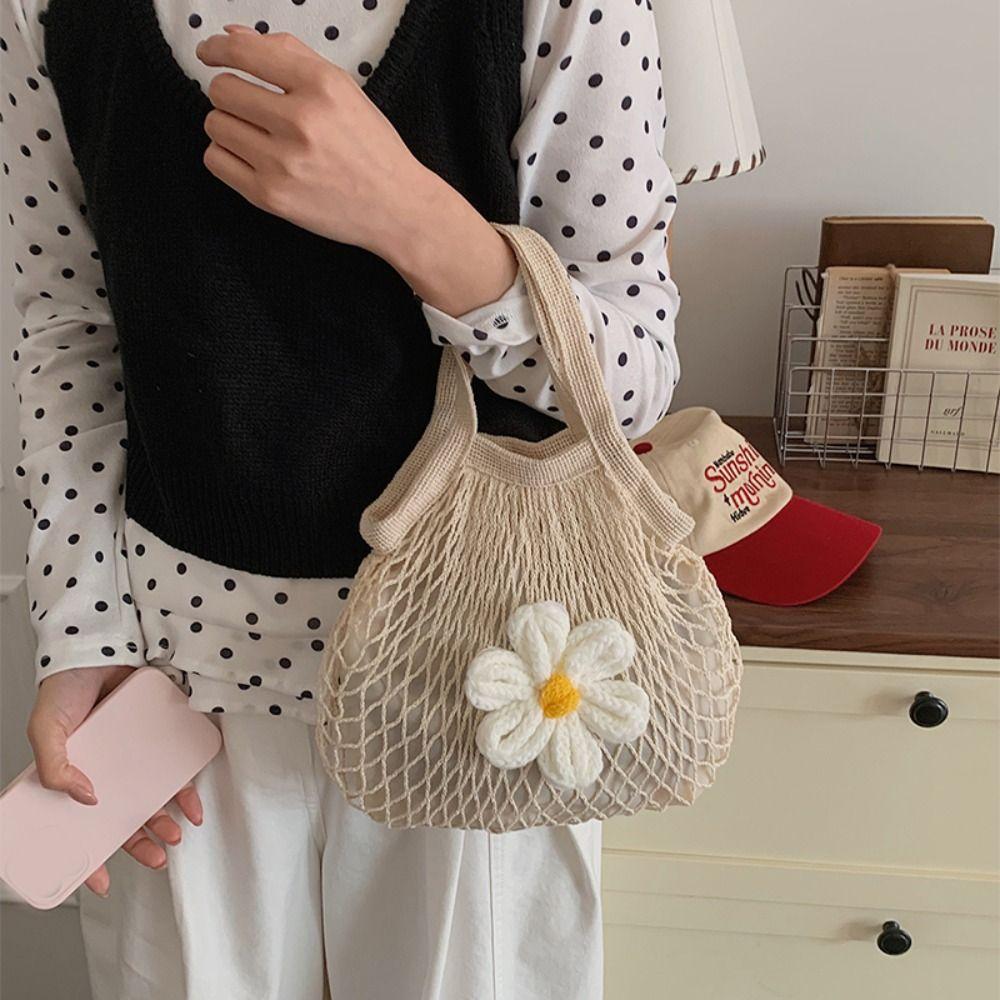 Summer Woven Handbag Flower Nylon Mesh Tote Bag Sweet Grocery Bag  Women