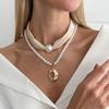 Vintage Leopard Print Flannel Imitation Pearl Stacked Necklace, Geometric Liquid Metal Pendant Collarbone Necklace