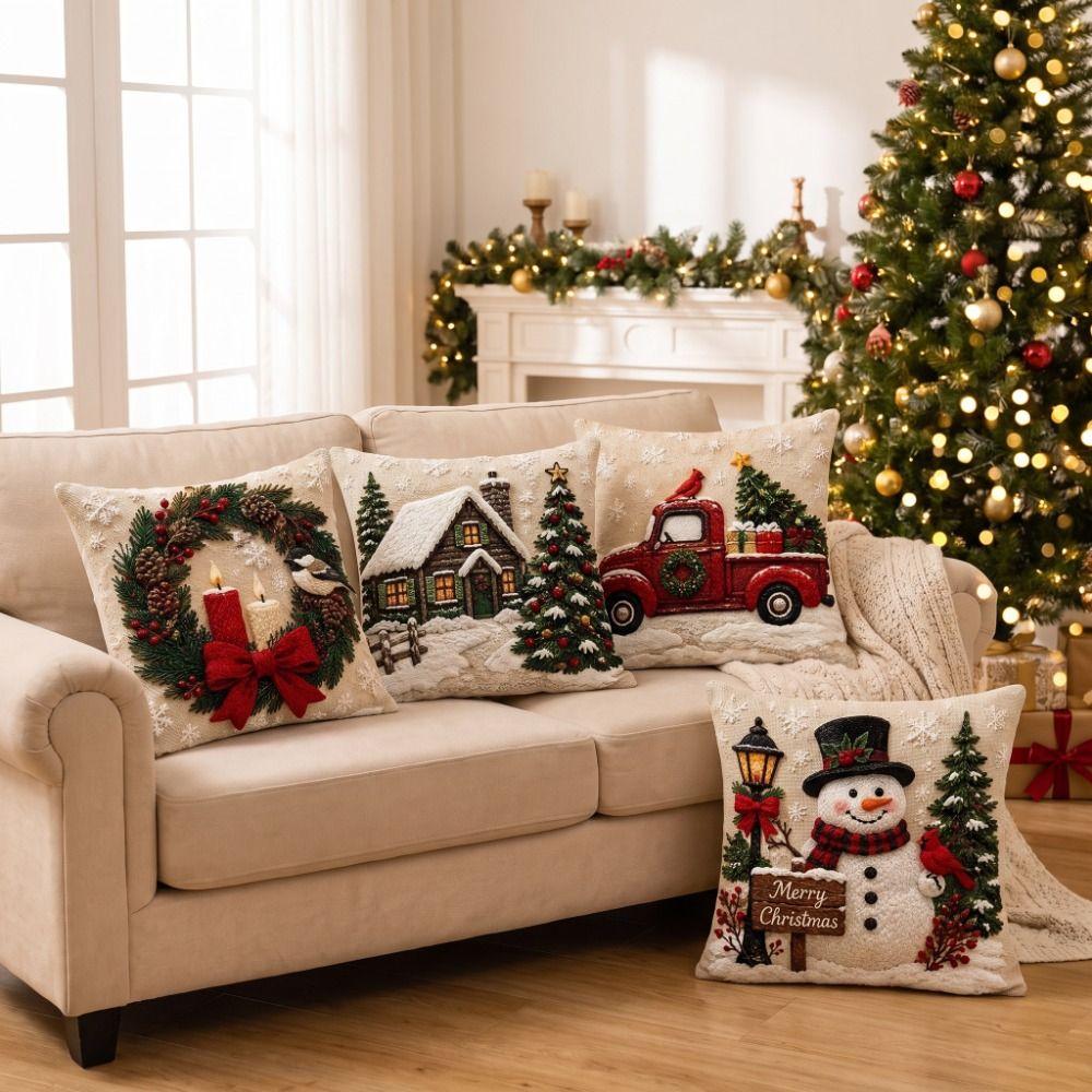 Soft Throw Cushion Case 2D Printed Snowman Pillow Cover Christmas Pillow Covers  Living Room