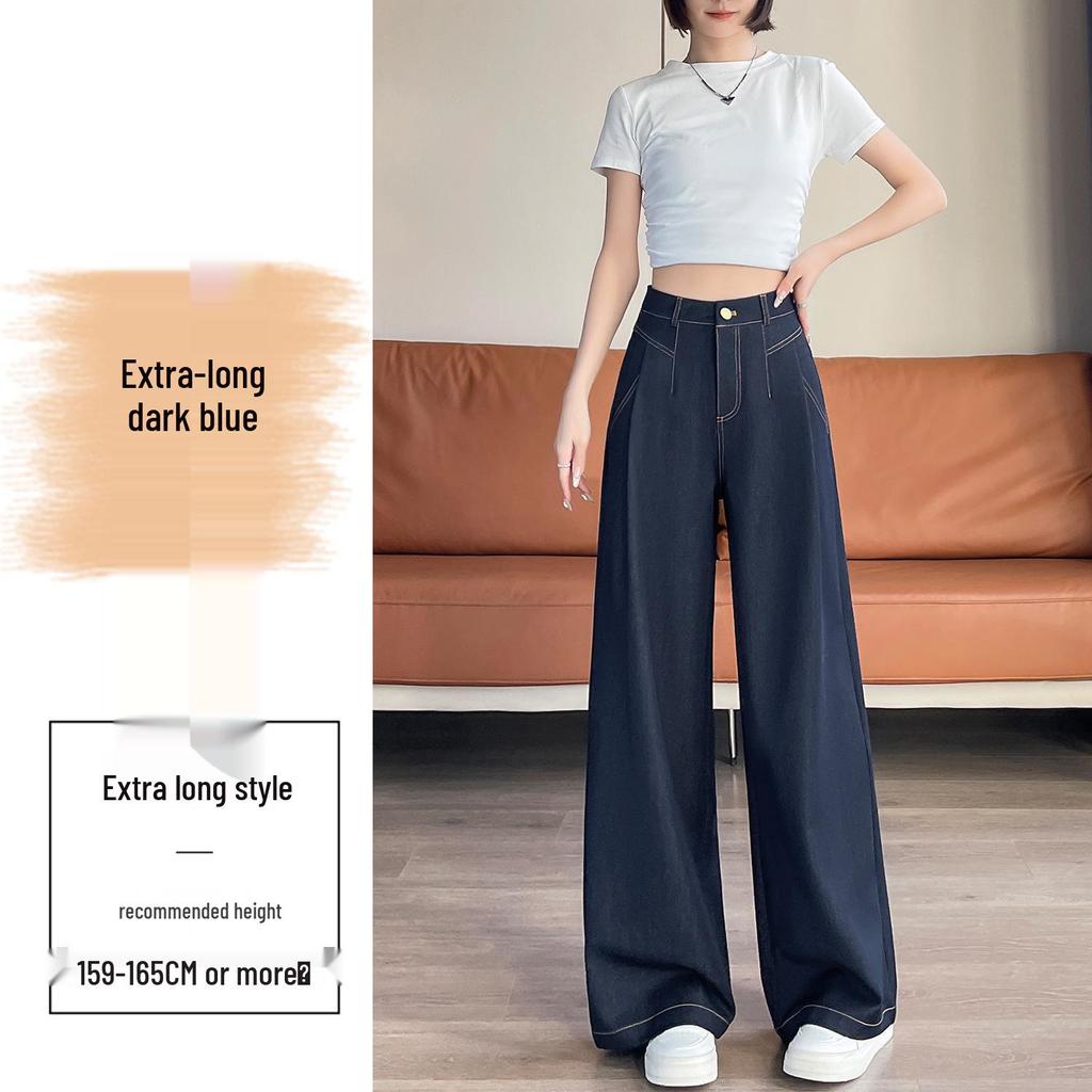 Women's Dark Blue Tencel High-Waisted Slimming Jeans, 2025 Spring/Summer Collection - Straight-Leg, Bright Stitching, Fashionable Draping Design.