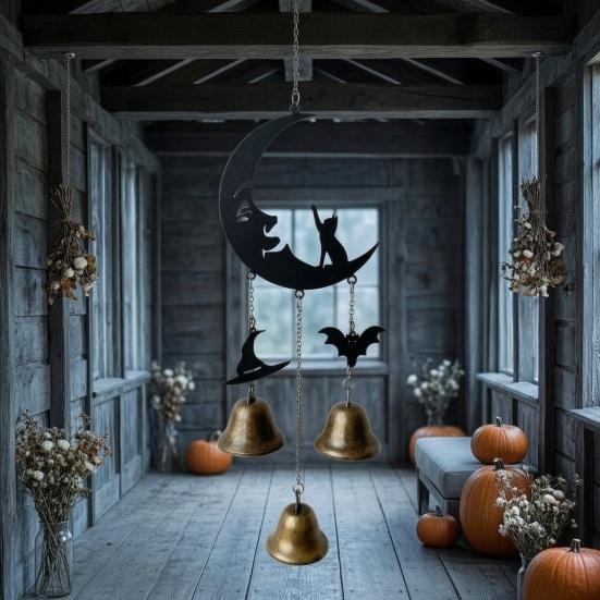 Garden Wind Chime Gift Halloween Broomstick Witch Bells, Vintage Gothic Metal Hanging Window Sill Decoration for Door Wall Porch Indoor Outdoor Decor