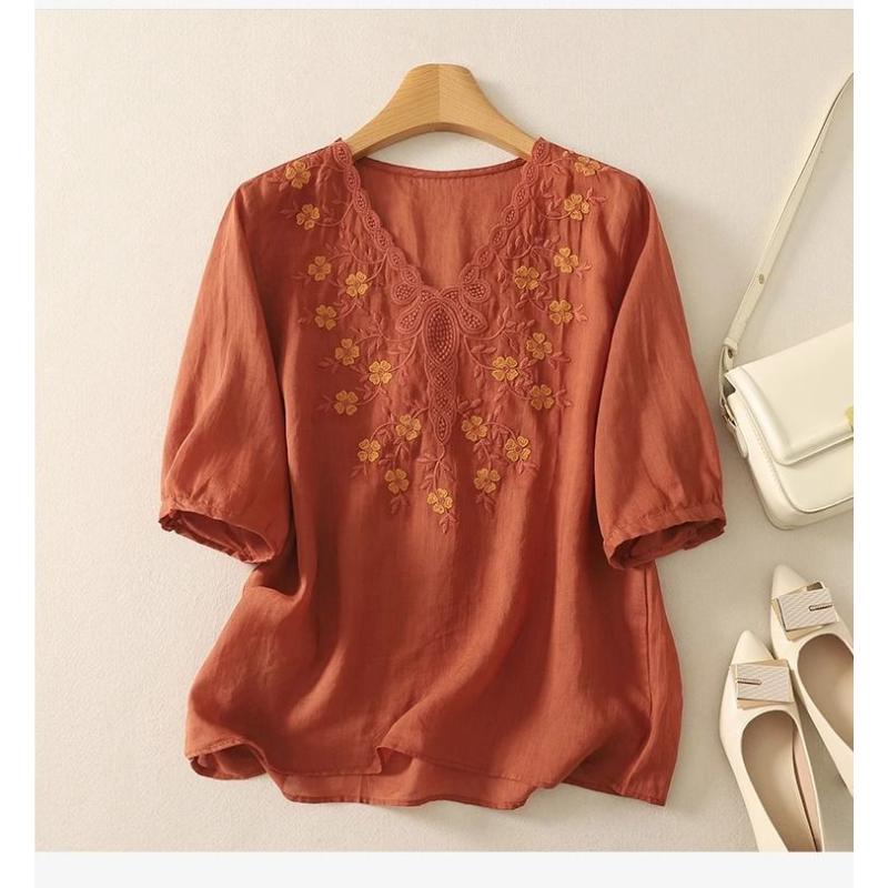 Blusa de Lino Blanca para Mujer Manga Corta Cuello en V Bordada Floral Top Casual