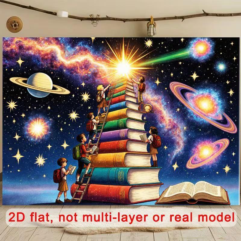 

2D Cosmic Book Staircase Backdrop, Children Reaching Stars Party Background 47.2x31.5inch/120*80cm