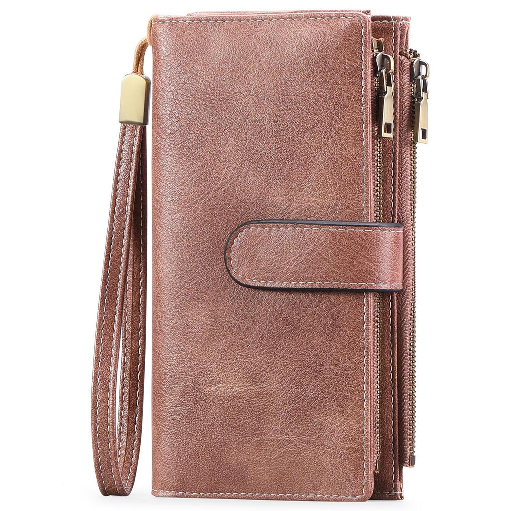 Women's RFID-Blocking Tri-Fold Retro Clutch Wallet