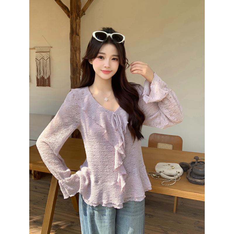 2026 Spring Plus Size Women s French V-neck Ruffle Long Sleeve Top XL