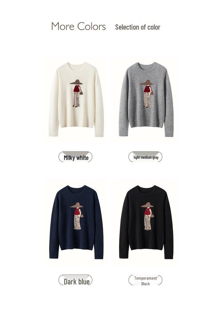 Women's Elegant Autumn 2026 Embroidered Cashmere Sweater - Round Neck, Loose Fit, Slimming and Warm Base Layer