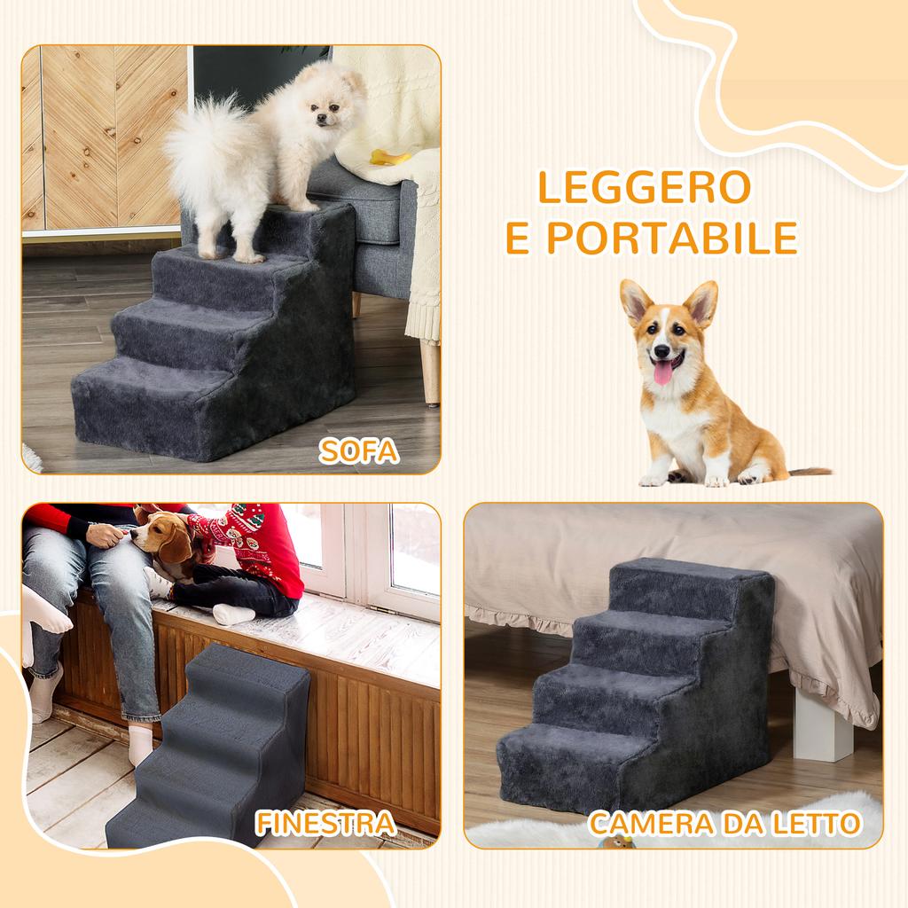 Portable 4-Step Dog Ladder, Removable Velvet Fabric and Wood, 60x35x44 cm, Dark Grey