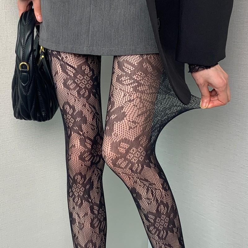 Women Sexy Brown Hollow Out Mesh Thigh High Socks Lolita Long Socks New Floral Pattern Coffee Fishnet Stockings with Suspender