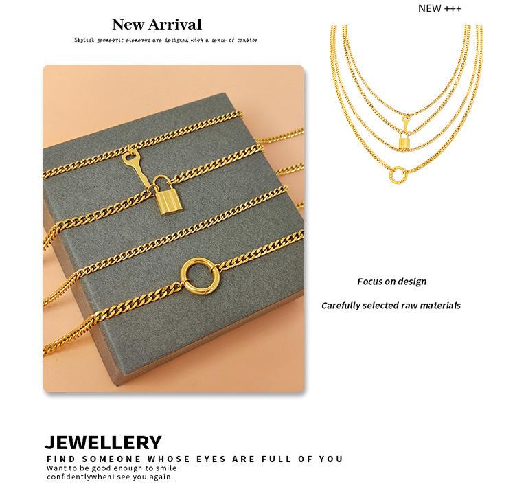 Women's Retro Multi-layer Necklace with Round Ring & Heart Lock Charm - Thick Clavicle Chain Accessory