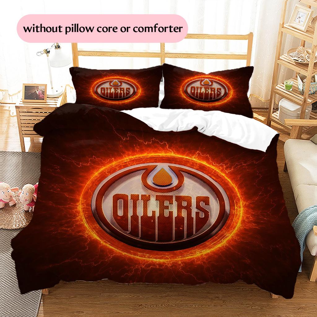 Edmonton Oilers Pattern Bedding Quilt Set  Home Decoration  Gift (1 * Duvet Cover + 2 * Pillowcase  Without Core)