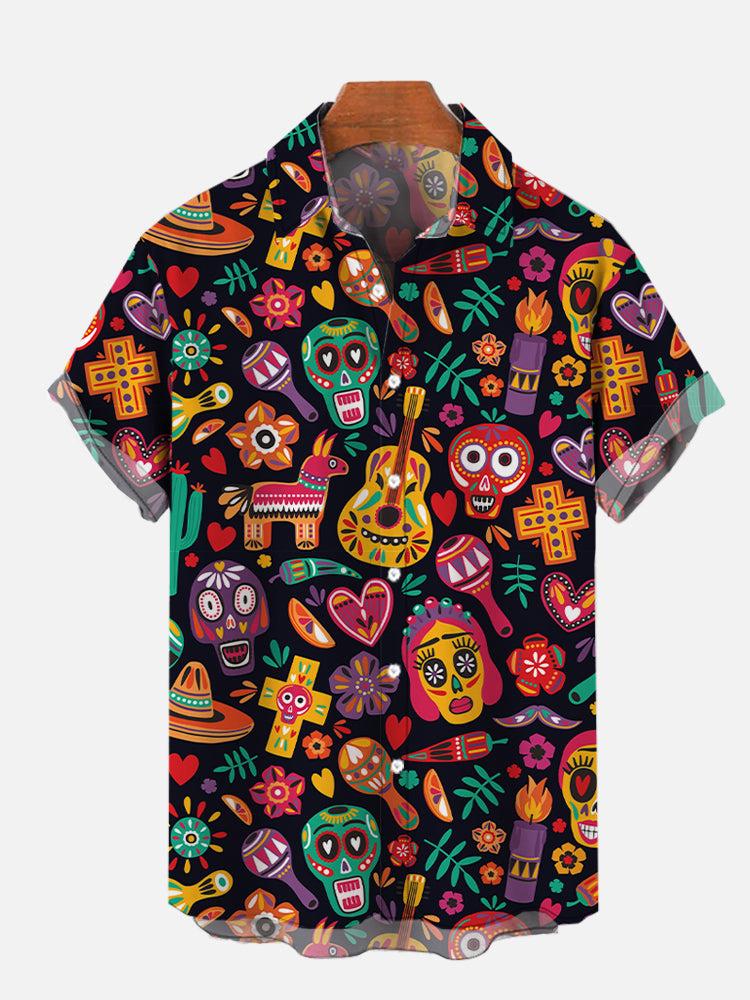 Men s Shirts Mexican style skull pattern 3D Print Tops New Summer Casual Fashion Beach Party Tops Short Sleeves Men Clothing S
