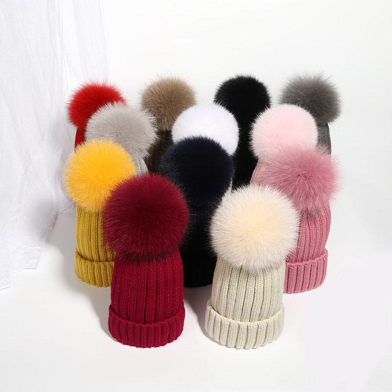 Hot Sale Drop Shipping Hot Sale Winter Warm Thick Fox Fur Pom Pom Fur Ball Beanie Hat