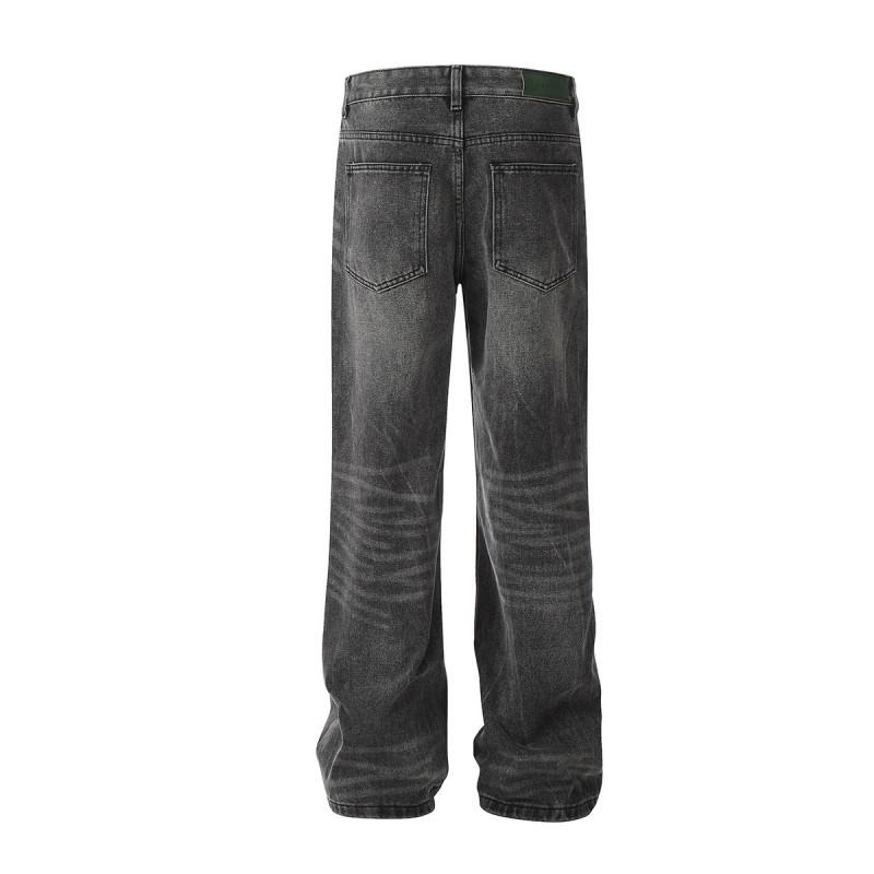 Mens Retro Washed Denim Jeans Straight Fit With Distressed Lightning Crack Detail Casual Slim Flare Trousers