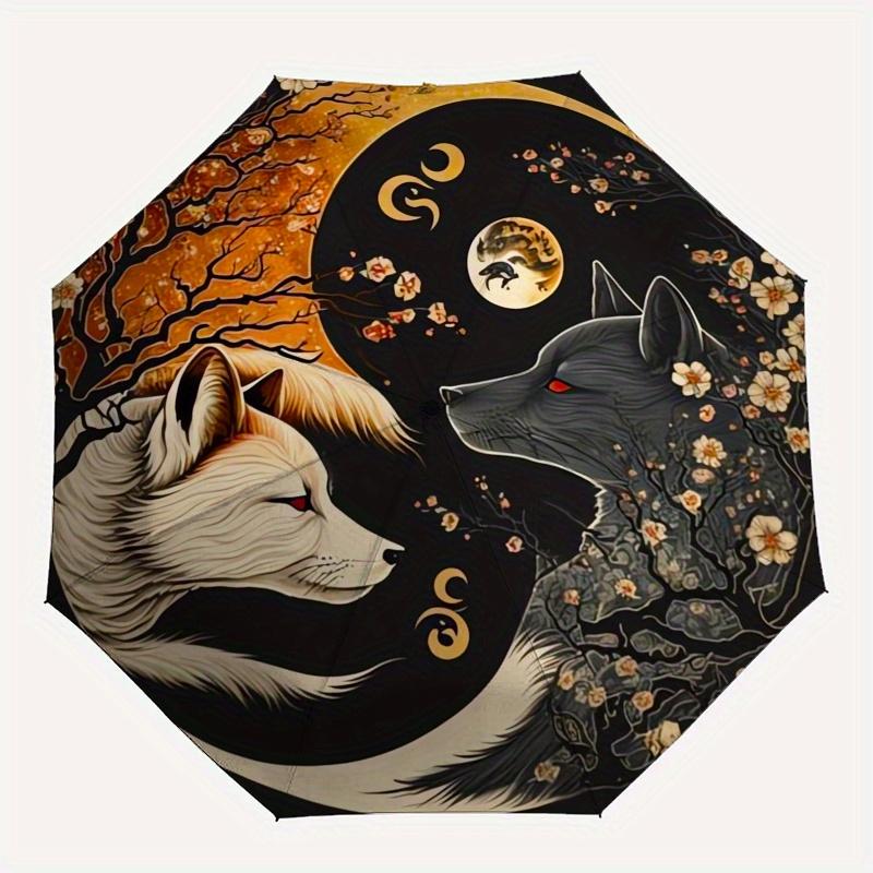 Yin-Yang Fox Moon Blossom Circular Art PrintUmbrella, Portable 3-Fold Compact Umbrella for Men & Women Gift