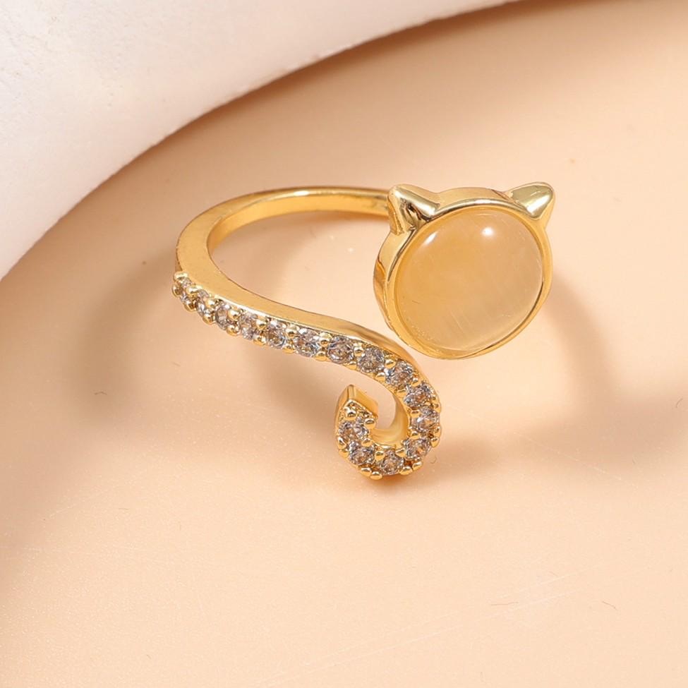 Charming Cat Ear & Eye Ring with Micro-set Diamonds - Adjustable Luxury Hand Jewelry