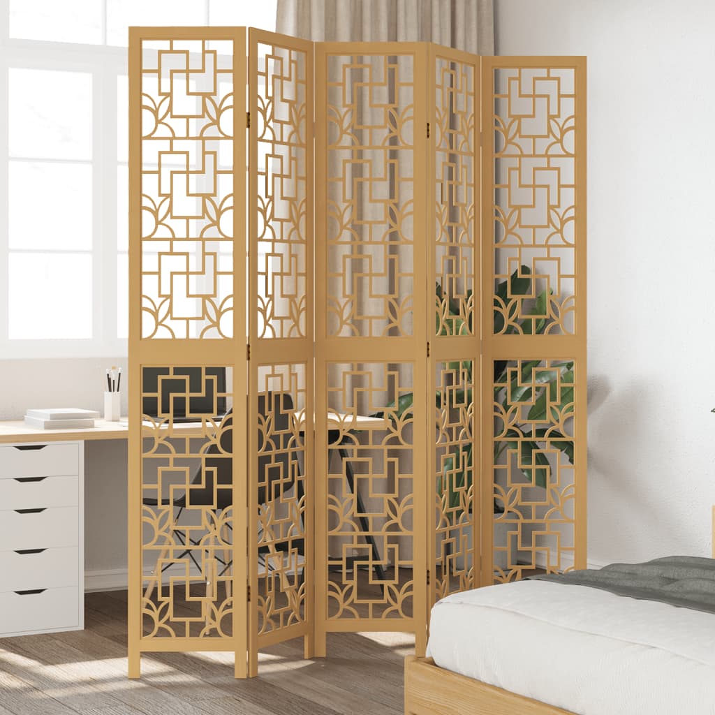 5 Panel Room Divider Brown Solid Wood Paulownia