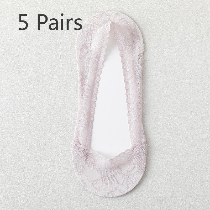5 Pairs Spring and Summer Boat Socks for Women Thin Non-slip with Shallow Mouth Invisible Socks Lace Sweat Absorption Socks