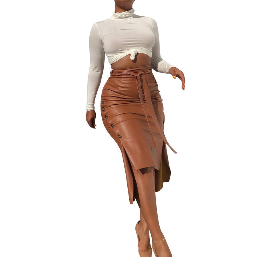 Overstock Leather Pu Skirt Women's Hot Sale O-Neck Slim Fit Mid-Length Bodycon Half-Body PU Skirt Drop Shipping