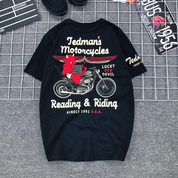 Japanese Trendy Brand Lucky Ghost Little Devil Print Retro Motorcycle Kaji Short-sleeved T-shirt Pure Cotton Men and Women