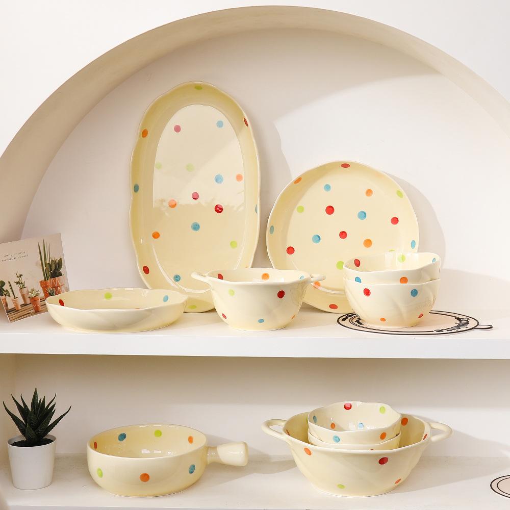 Cream Love Ceramic Tableware Set Creative Household Polka Dot Dishes Housewarming Gift Rice Soup Bowl Combination
