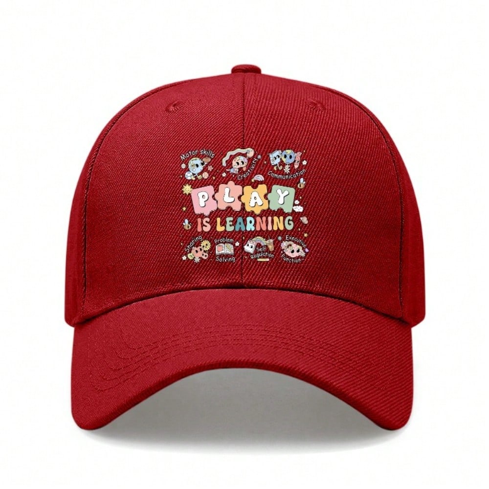 Kids Educational Baseball Cap - "PLAY IS LEARNING" Print Adjustable Breathable Lightweight Unisex Outdoor Sports Hat For School & Everyday Wear -