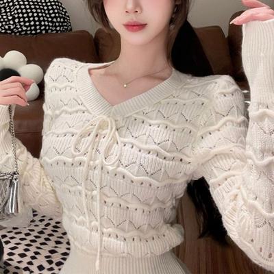 Basic Hollow Out Fashion Drawstring Sweaters Autumn Winter New Solid Color Female Clothing Slim V-Neck Korean Knitted Pullovers