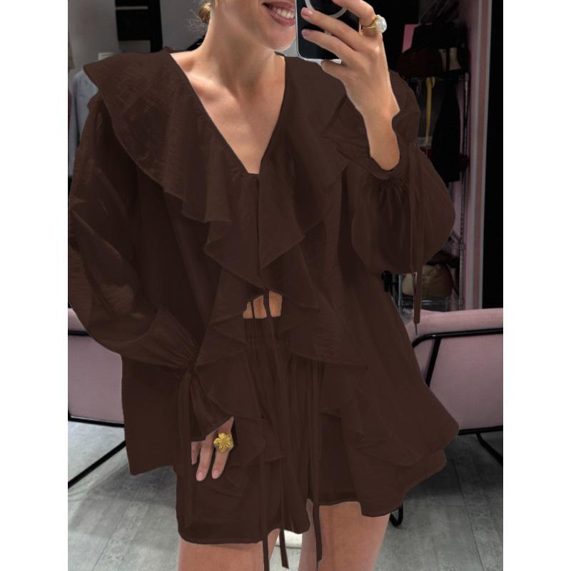 Spring and Autumn 2026 Sweet and Loose Ruffled Two-Piece V-Neck Shirt Shorts Set