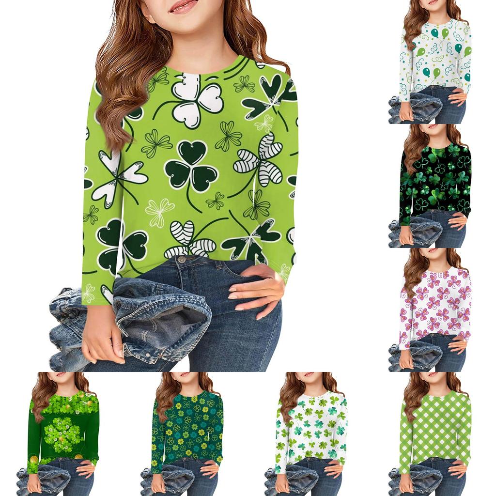 Dívčí trička s dlouhým rukávem Dětské podzimní topy Kulatý výstřih Vzorovaný potisk Základní trička 5-14L