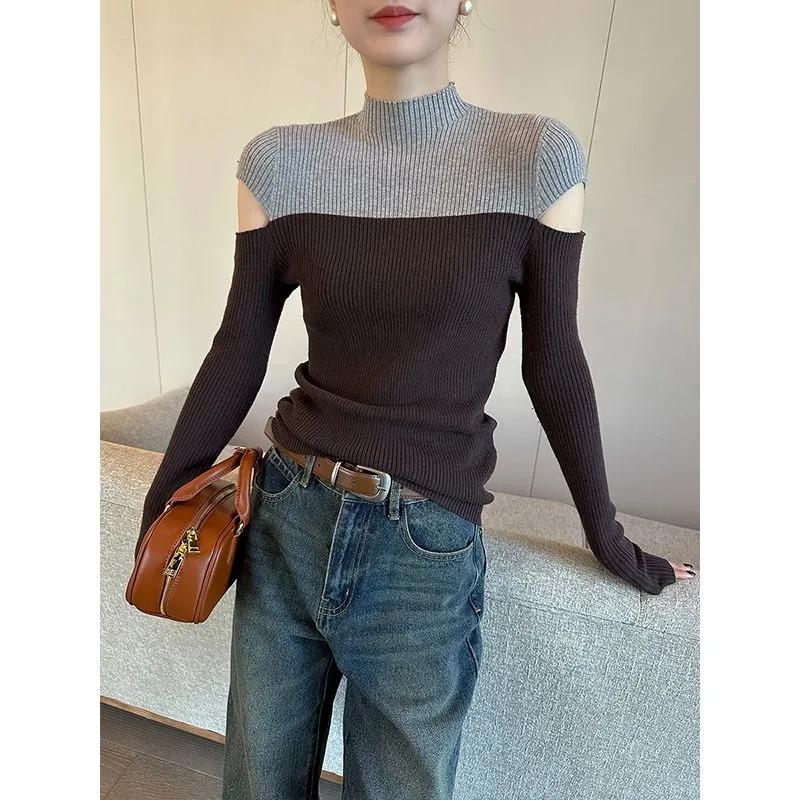 

New Color-blocked Half Turtleneck Off-shoulder for Women Autumn Versatile Bottoming Sweater S коричневый