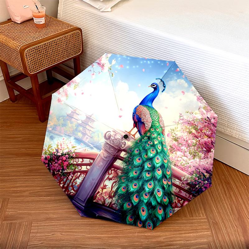 1 PC Automatic Folding Umbrella - Peacock Garden Pattern, Portable & Foldable Design with 8 Ribs, Christmas Birthday Gifts