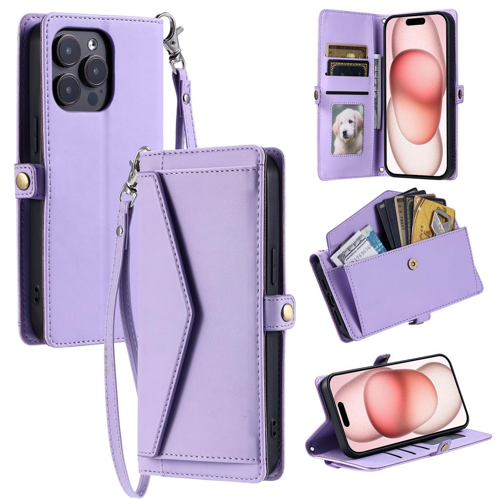 For iPhone 16 Pro Leather Case with Wrist Strap Wallet Stand Phone Cover