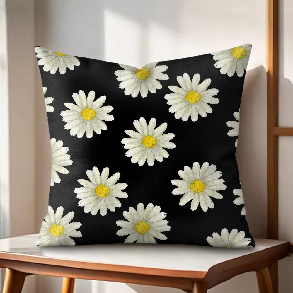 Black Daisy Cushion Cover Natural Linen Organic Fabric DoubleSided Printing Couch Pillow Covers Home Decor