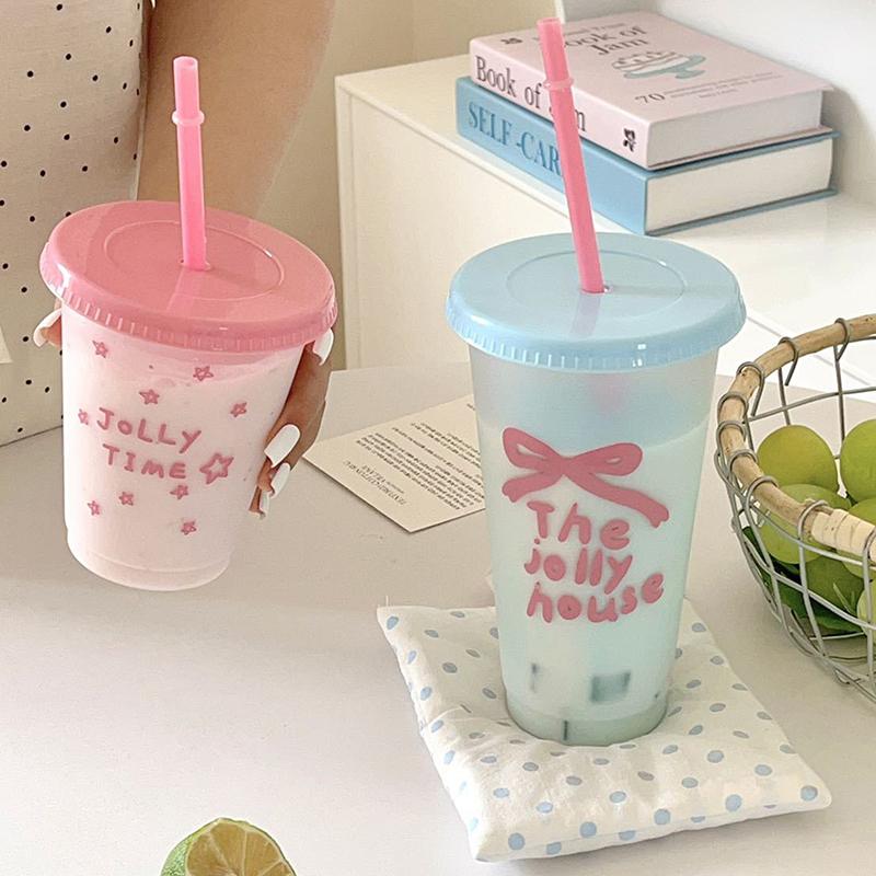 1Pc Ins Portable Reusable Drinking Bottle Kawaii Water Bottle For Coffee Juice Milk Tea Cute Plastic Cold Cups With Straw Lid