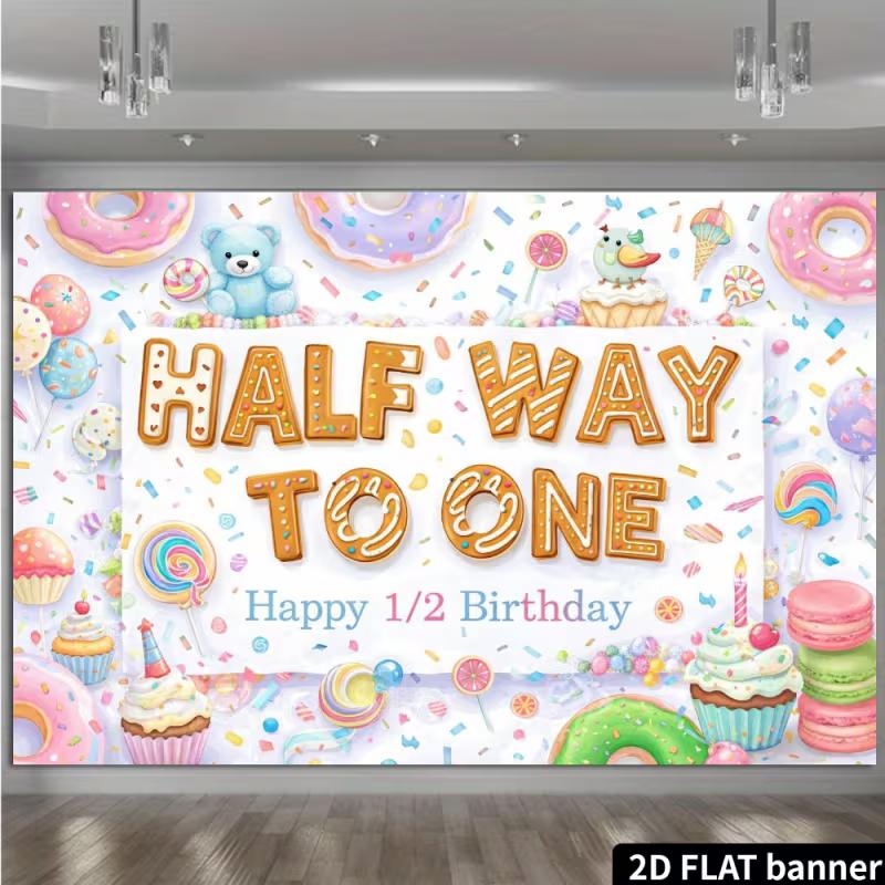 2D Half Way To One Birthday Backdrop, Sweet Candy Donut Photo Background