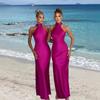 Womens Satin Slip Dress High Neck Sleeveless Bodycon Maxi Split Design Party