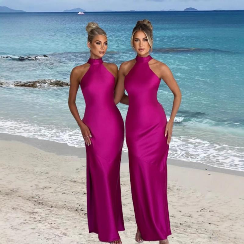 Womens Satin Slip Dress High Neck Sleeveless Bodycon Maxi Split Design Party