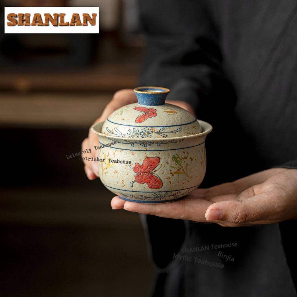 160ml Hand-painted Butterfly Orchid Gaiwan Vintage Tea Tureen Tea Bowl With Lid Kit Tea Maker Cover Bowl Kung Fu Tea Set Gift