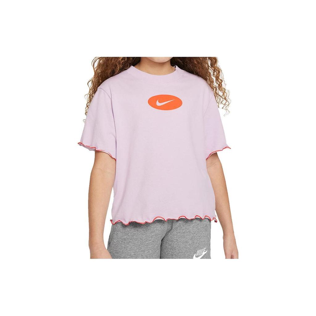 Nike Dri-FIT Color Block Logo Hem Ruffled Trim Round Neck Short Sleeve T-Shirt Kids tops Pink Purple DQ4392-530