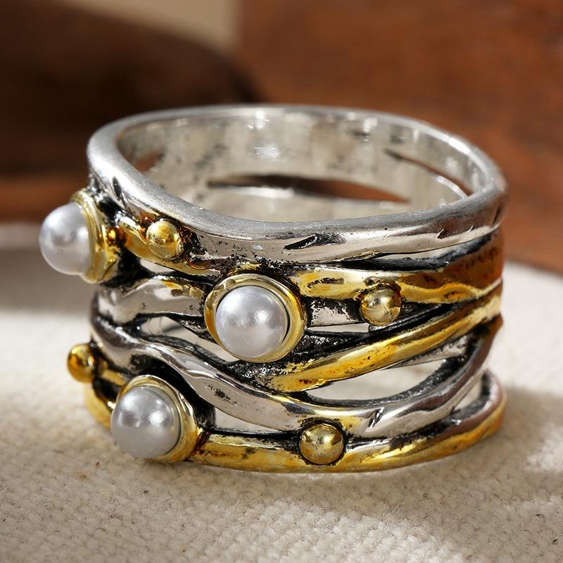 Ethnischer Intarsien-Ring mit Imitation Perlen für Damen, Vintage, Zweifarbig, Geometrisch, Tägliches Tragen, Party Schmuck, Jahrestagsgeschenk