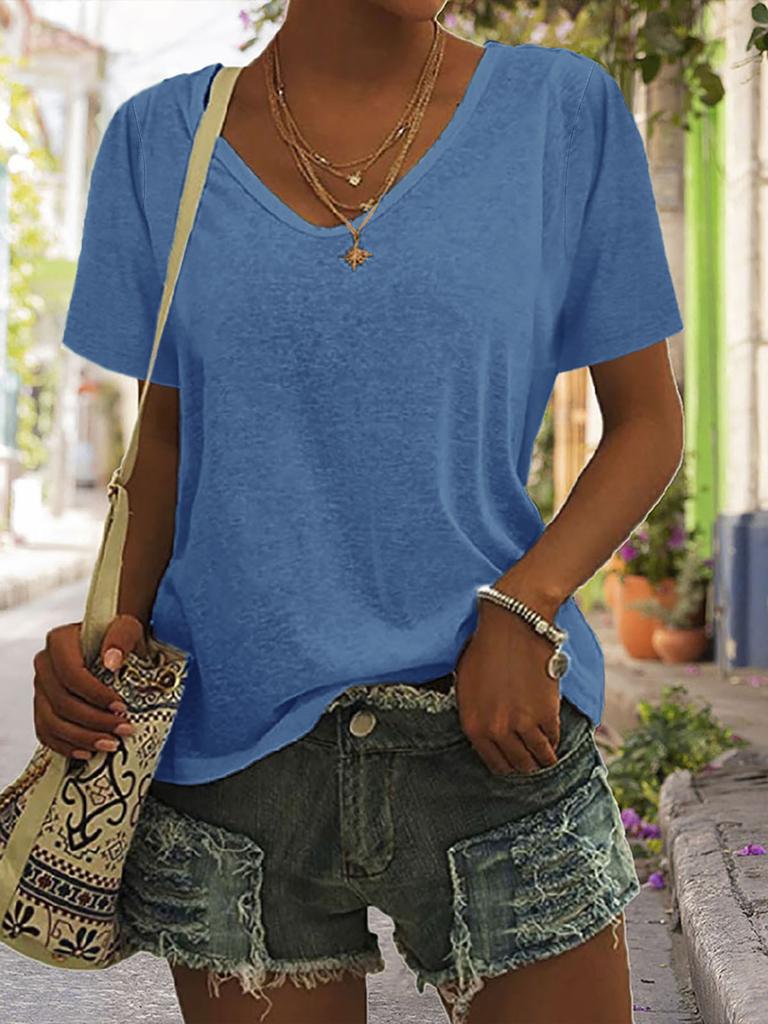 European and American women's solid color V-neck short-sleeved T-shirt, loose casual top can be printed in stock.