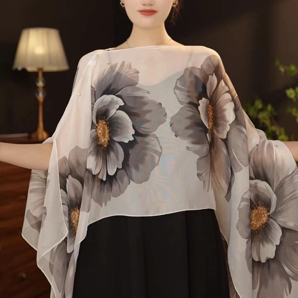 Long Length Sun Protection Shawl Flower Pattern Chiffon Scarf Breathable Shawl  Outdoor Activities