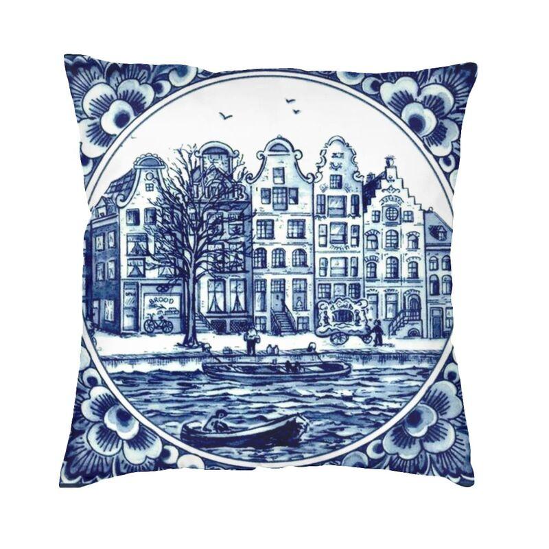 Dutch Blue Delft Cushion Cover 40X40Cm Vintage Windmill And Bridge Art Pillow Case For Sofa Square Pillowcase Home Decorative